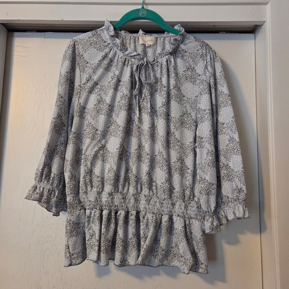 Melloday Size L Light Blue Gray 3/4 Sleeve Smocked Waist Ruffle Hem Shirt Blouse